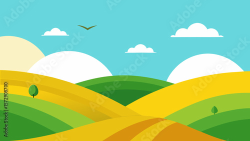 Vibrant vector illustration of a summer landscape with a rainbow, green grass, and blue sky over rolling hills and mountains