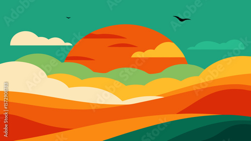 Sunset mountain landscape vector with sun, clouds, and a hint of sea