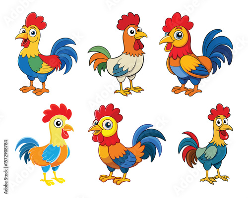 Colorful cartoon roosters standing chicken bird