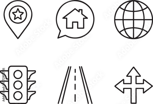 Simple and Recognizable Icons for Travel and Navigation Guiding Users Smoothly Through Locations Featuring Roads and Essential Road Signs for Safe Journeys
