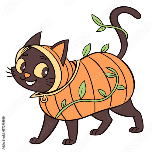 A cute cartoon black cat wearing a festive orange pumpkin costume adorned with green vines and leaves smiling happily while walking perfect for halloween celebrations and autumn themes
