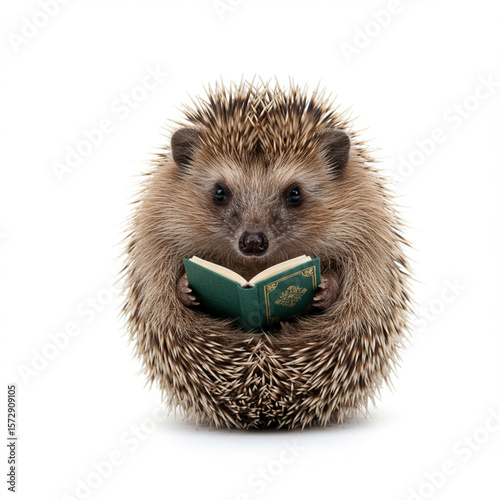 Adorable hedgehog engrossed in a miniature book, isolated on white background.