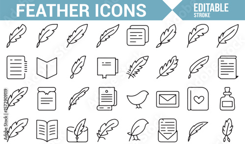 Set of Feather, Quill, and Writing Material Icons for Creative Writing and Literature