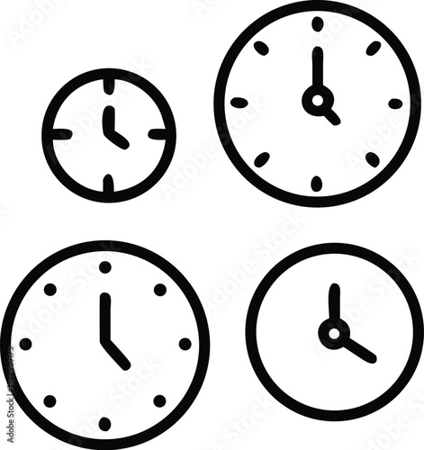 Vector art of a set of four different analog clocks showing various times