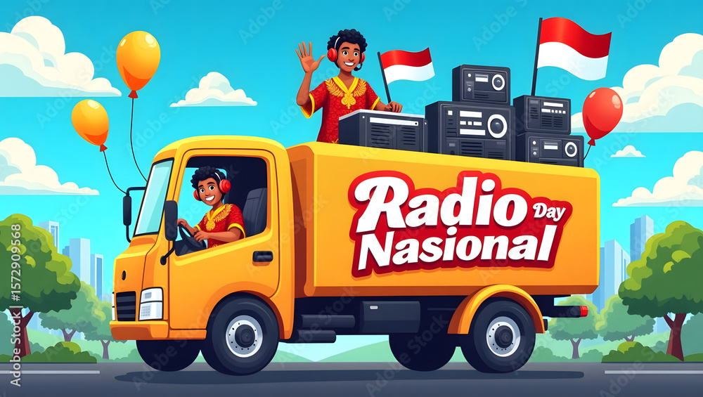 Fototapeta premium A vibrant and colorful illustration depicting a festive National Radio Day celebration in Indonesia