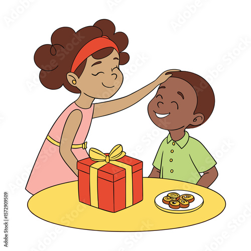 Young girl giving a gift and comforting a smiling boy at the table.