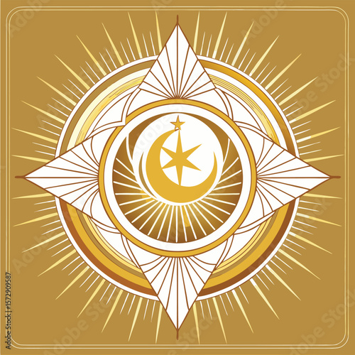 Golden art deco sun and crescent moon with star symbol silhouette