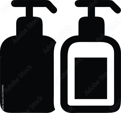 Vector art of two black and white icons of soap dispensers, one with a label and one without