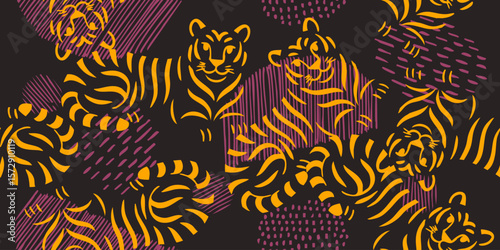 Tigers seamless pattern with flowers background Vector. Abstract background.