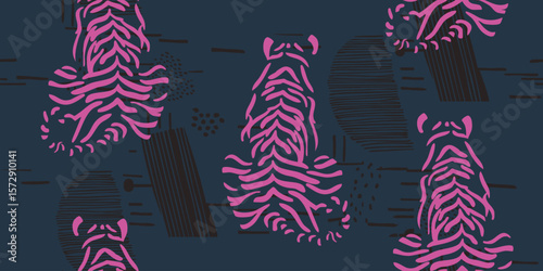 Tigers seamless pattern with flowers background Vector. Abstract background.