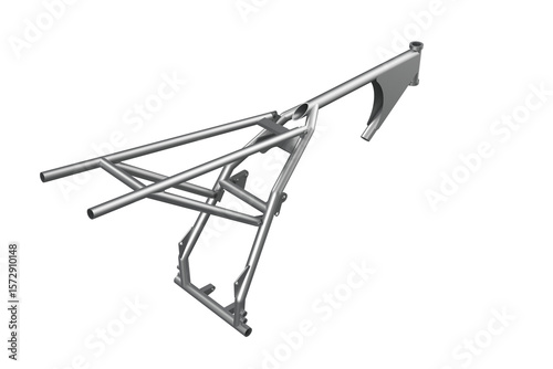 Bare Metal Motorcycle Frame Chassis for Custom Dirt Bike Motocross Supermoto Trail Build Engineering Technical Repair Isolated on White Background Ideal for Vehicle Assembly and Performance Design