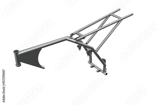 Bare Metal Motorcycle Frame Chassis for Custom Dirt Bike Motocross Supermoto Trail Build Engineering Technical Repair Isolated on White Background Ideal for Vehicle Assembly and Performance Design