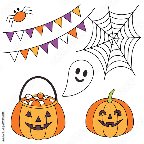 A collection of cute and colorful halloween icons including a smiling ghost a spider a spiderweb festive bunting flags a jack o lantern candy bucket filled with sweets and a carved pumpkin