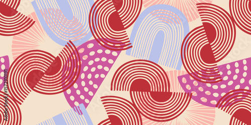 Semi circle abstract background. Hand drawn pattern design. Red background.