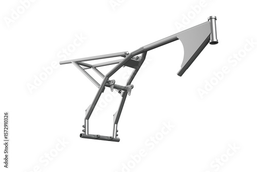 Bare Metal Motorcycle Frame Chassis for Custom Dirt Bike Motocross Supermoto Trail Build Engineering Technical Repair Isolated on White Background Ideal for Vehicle Assembly and Performance Design