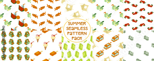 Twelve seamless cartoon patterns featuring summer-themed elements. Flat style on white background.