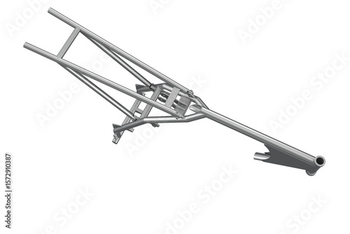 Bare Metal Motorcycle Frame Chassis for Custom Dirt Bike Motocross Supermoto Trail Build Engineering Technical Repair Isolated on White Background Ideal for Vehicle Assembly and Performance Design