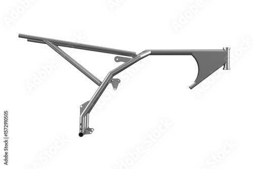Bare Metal Motorcycle Frame Chassis for Custom Dirt Bike Motocross Supermoto Trail Build Engineering Technical Repair Isolated on White Background Ideal for Vehicle Assembly and Performance Design