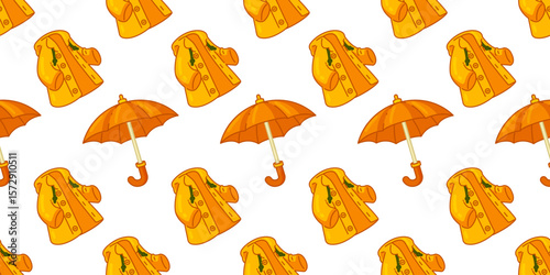 Raincoat and Umbrella Seamless Pattern. Cartoon seamless pattern with yellow raincoats and orange umbrellas. Flat fall design with cheerful rainy day vibe.