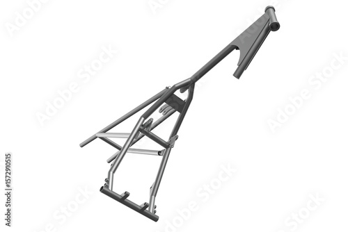 Bare Metal Motorcycle Frame Chassis for Custom Dirt Bike Motocross Supermoto Trail Build Engineering Technical Repair Isolated on White Background Ideal for Vehicle Assembly and Performance Design