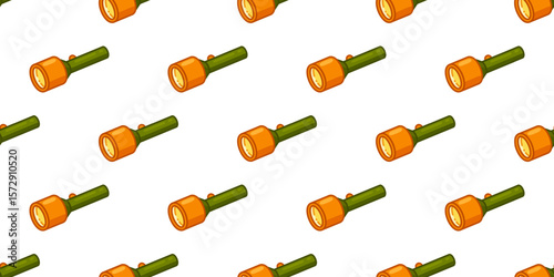Seamless Pattern With Camping Flashlight. Cartoon-style green and orange flashlights arranged diagonally in a seamless pattern. Flat design with adventure mood.