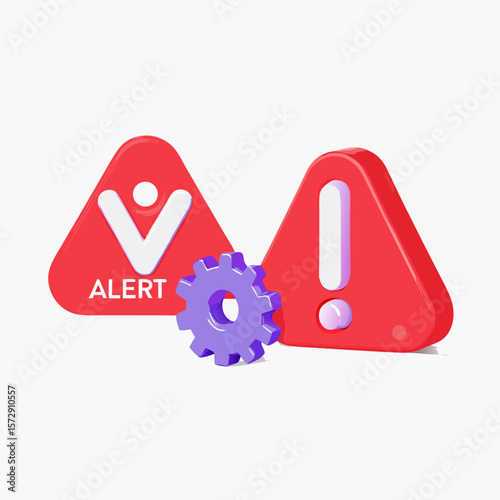 Attention sign with exclamation mark in red triangle and gear. Technical problem.
