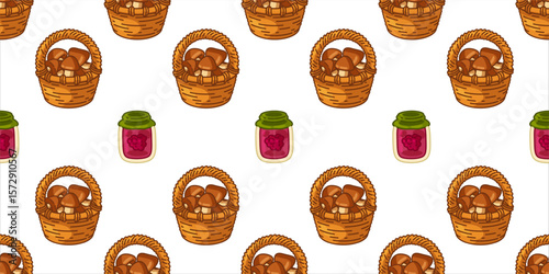 Autumn Harvest Basket Pattern. Seamless pattern with cartoon mushroom baskets and jars of berry jam. Cozy flat style with warm autumn tones on a light background.