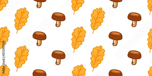 Woodland Mushrooms and Leaves Pattern. Cute seamless pattern with forest mushrooms and oak leaves. Flat cartoon style with natural colors and woodland atmosphere.