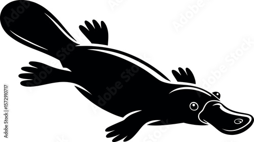 Platypus Swimming silhouette on white background