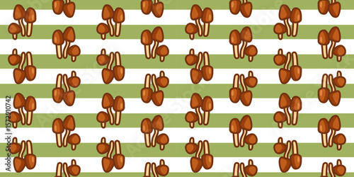 Seamless Cartoon Mushroom Stripe Pattern. Cute brown mushrooms in clusters on green and white horizontal stripes. Playful cartoon style, seamless pattern for surface design and decoration.