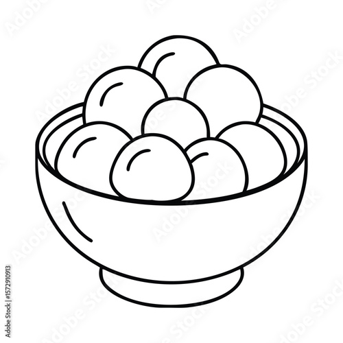 A simple black and white line drawing of a bowl filled with round food items