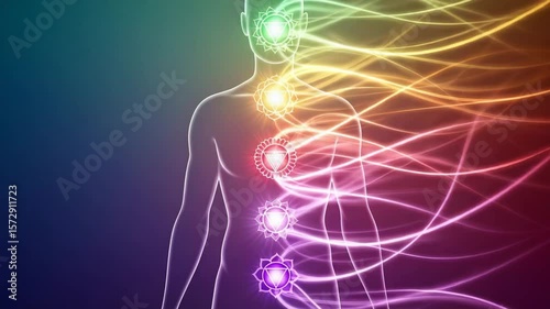 Glowing illustration of seven chakras aligned on a human silhouette with radiant energy flow representing spiritual balance and healing
