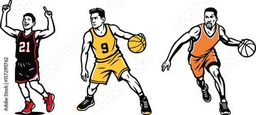 Men Basketball Players Dynamic Action Silhouette