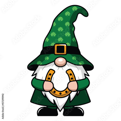 A cute gnome wearing a green cloak with shamrock patterns and a tall pointed hat. The gnome has a long white beard,