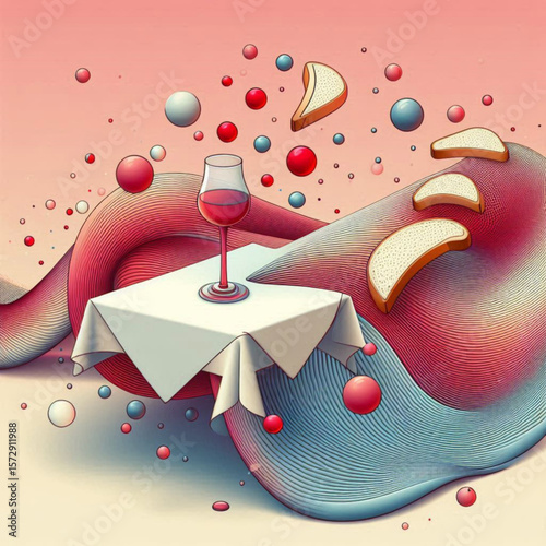  table with bread and wine, Surreal composition of a table with wine and bread in vibrant flowing colors

 
