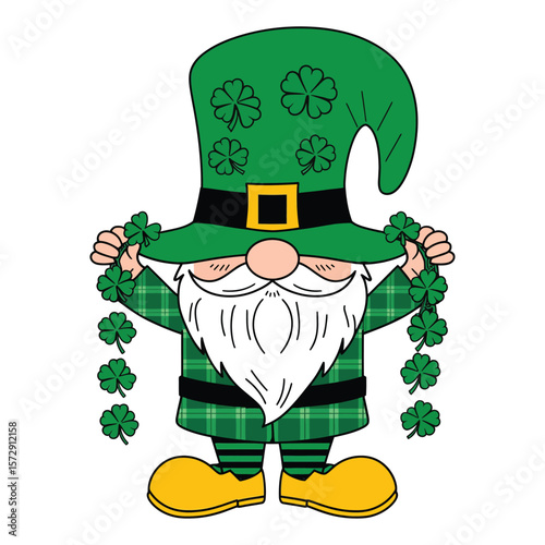A cute gnome wearing a tall green hat decorated with shamrocks. The gnome has a long white beard, a round nose, and is holding a garland of clovers in both hands.