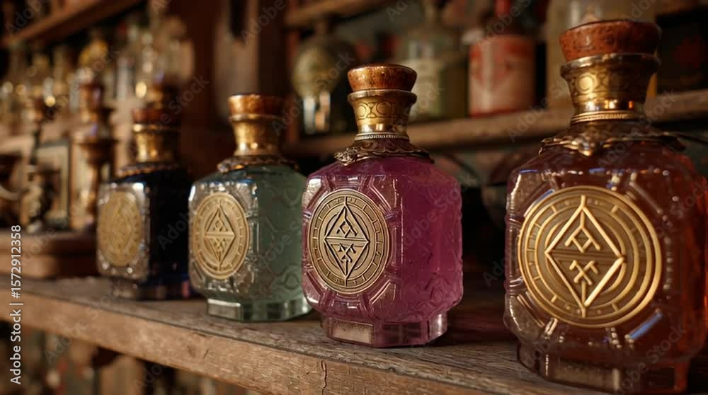 Close-up view of antique potion bottles with embossed symbols on dusty shelves in a mystical apothecary room