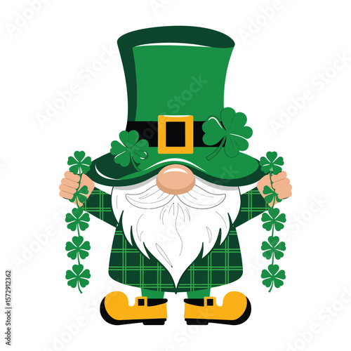 A cute gnome wearing a tall green hat decorated with shamrocks. The gnome has a long white beard, a round nose, and is holding a garland of clovers in both hands.