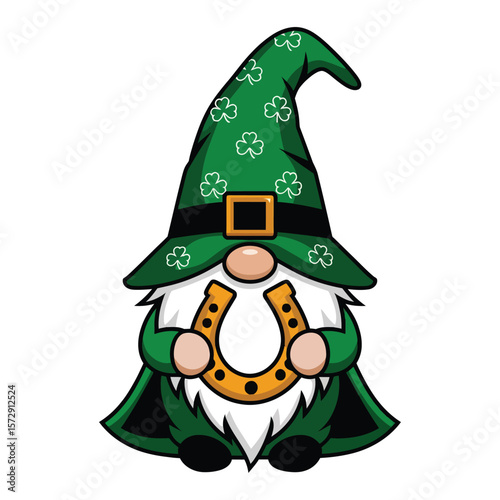 A cute gnome wearing a green cloak with shamrock patterns and a tall pointed hat. The gnome has a long white beard,