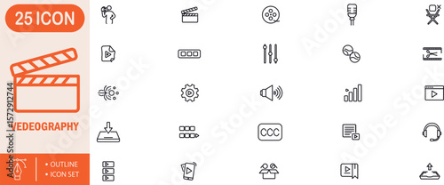 Videography outline icon set. videography, video, camera, film, recording, shoot, cinema, footage, director, lens, tripod, edit, production, movie, media, clip, filmmaker, storyboard, lighting, angle.