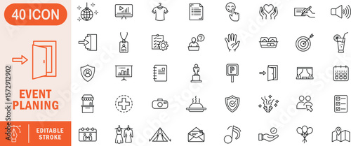 Event planning editable line icon set. event, planning, party, celebration, festival, conference, meeting, organizer, venue, schedule, coordination, booking, management, ceremony, invitation.