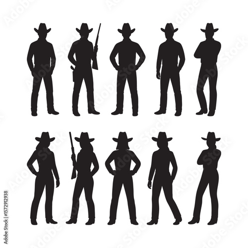 Cowboy and cowgirl silhouette set western gunman standing vector illustration 