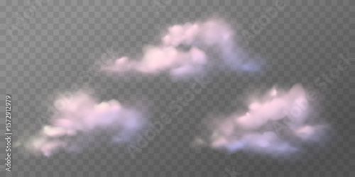 Set of realistic sunset clouds on transparent background. Pink dreamy pastel isolated elements, sky texture, weather element. Vector gradient mesh. Fantasy sunrise sky illustration.