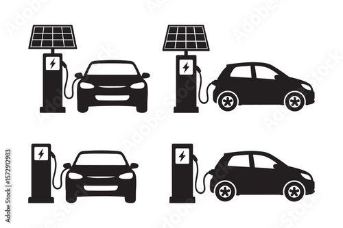 Electric Car Charging Station Silhouette Vector with Solar Panel