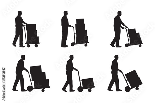 Delivery Person Carrying Boxes Hand Truck Vector Silhouette 