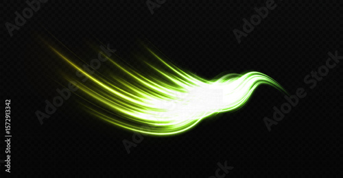 Sparkling comet motion and high-speed lines on dark transparent background. Glowing curved trail with magical swirl effect.