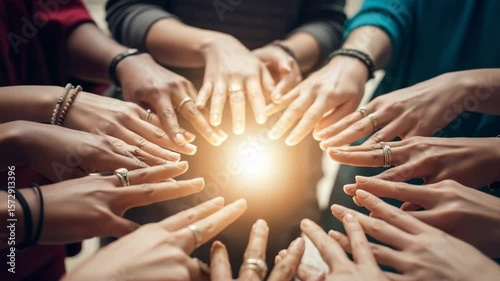 Hands unite to create a mandala shape with a radiant light at the center during a communal event
