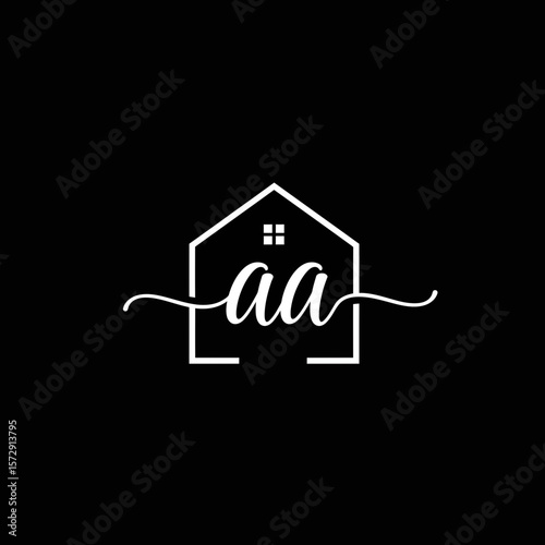A minimalist logo featuring the intertwined letters 'aa' within the outline of a house, elegantly designed on a stark black background, perfect for branding.