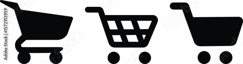 3 Types of Trolley Vector Icon Set – Shopping, Airport, and Service Cart Symbols.