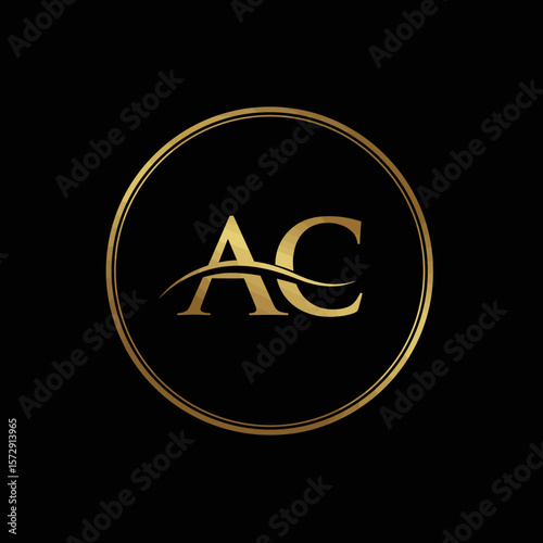 A sleek golden AC letter monogram logo design elegantly presented within a circular frame against a dark background, conveying luxury and sophistication.